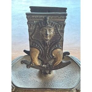 Antique Art Deco Egyptian Revival Cast Iron Ashtray and Matchbox Holder